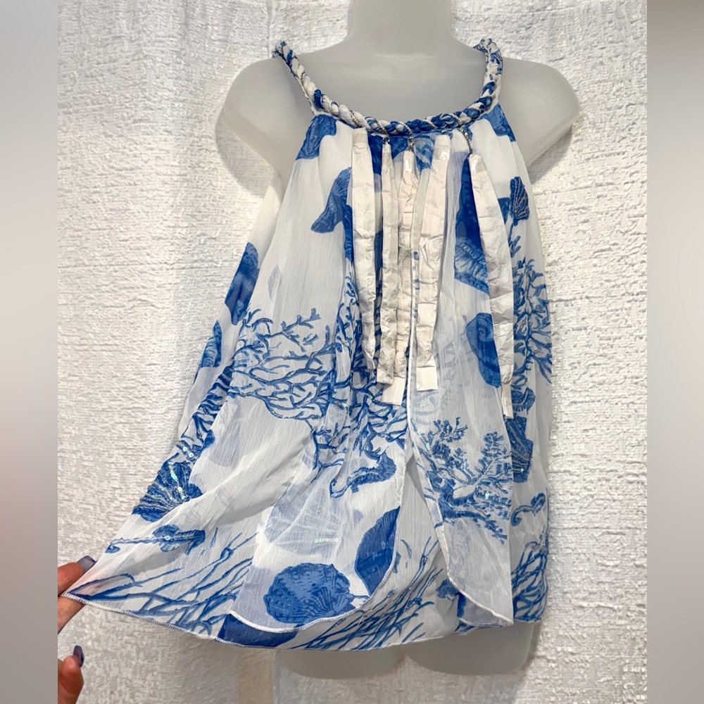 NWT Boston Proper Seashell Top Blouse 6 White Blue Ocean Coral Sea Shell